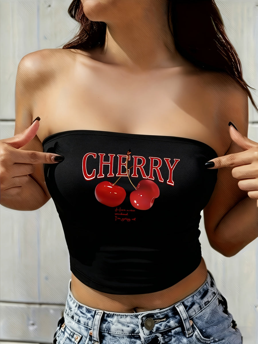 Women'S Cherry Print Tube Top Strapless Short Top, Multifunctional Four-Season Midriff Vest - Black