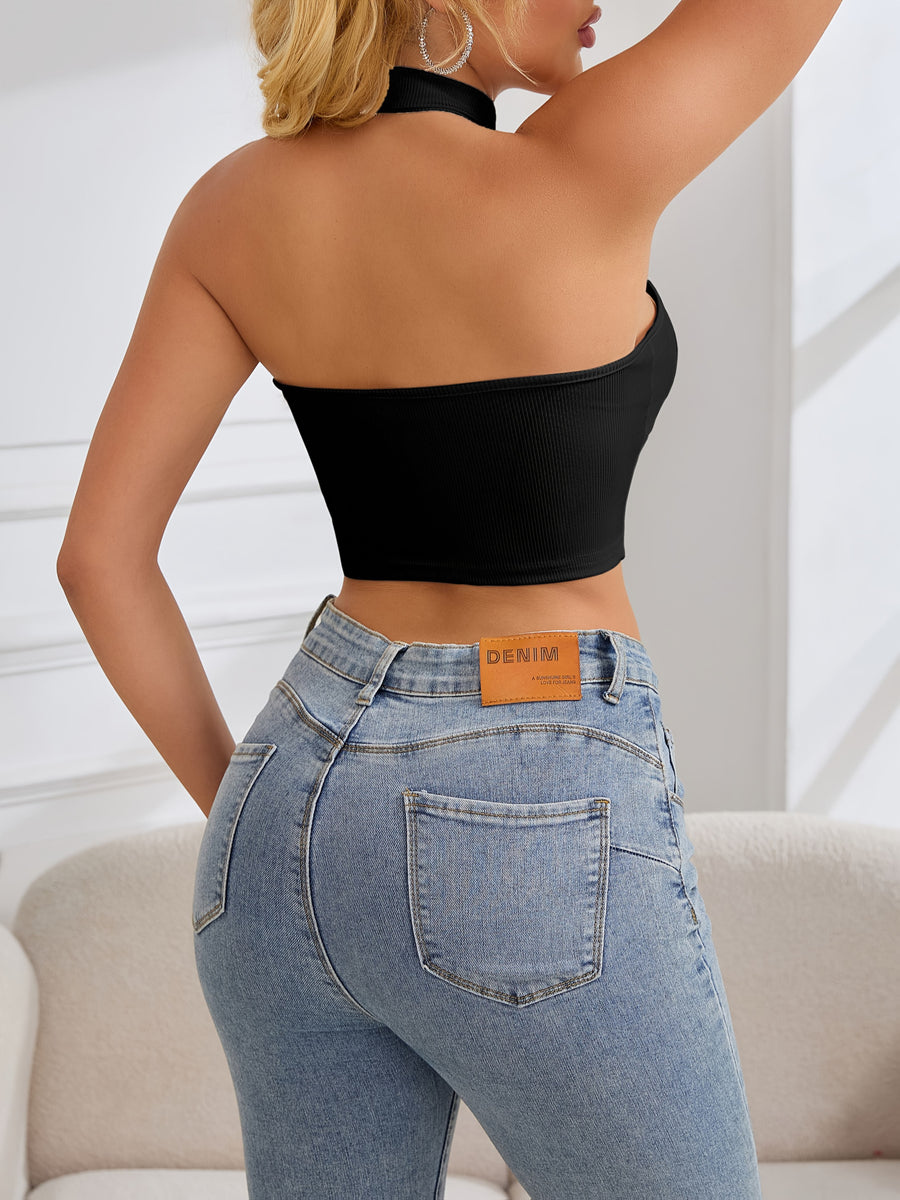 Women'S Summer New Sleeveless Halter Neck Chic Vest White Short Top Ladies Fashion - Black