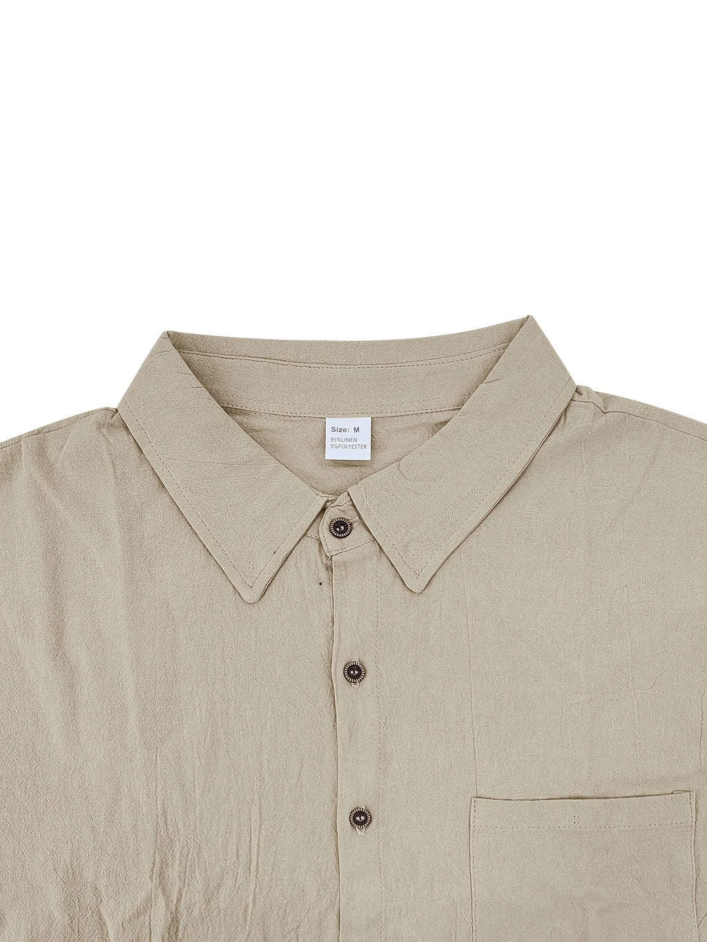 Men'S Linen Blend Long Sleeve Collared Button-Up Shirt, Casual Textured Wrinkle-Resistant Summer Top, Single Pocket Design with Adjustable Cuffs, Loose Fit Lightweight Breathable Beach Linen Shirt, V-Neck Relaxed Casual Shirt, Suitable for Vacation - Khaki