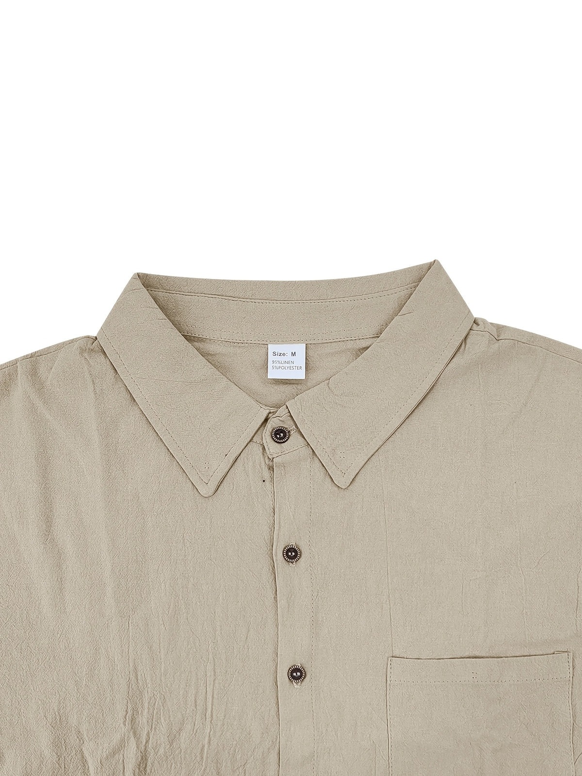 Men'S Linen Blend Long Sleeve Collared Button-Up Shirt, Casual Textured Wrinkle-Resistant Summer Top, Single Pocket Design with Adjustable Cuffs, Loose Fit Lightweight Breathable Beach Linen Shirt, V-Neck Relaxed Casual Shirt, Suitable for Vacation - Khaki