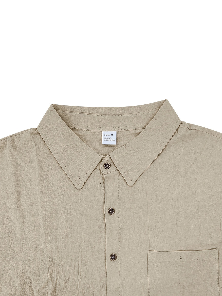 Men'S Linen Blend Long Sleeve Collared Button-Up Shirt, Casual Textured Wrinkle-Resistant Summer Top, Single Pocket Design with Adjustable Cuffs, Loose Fit Lightweight Breathable Beach Linen Shirt, V-Neck Relaxed Casual Shirt, Suitable for Vacation - Khaki
