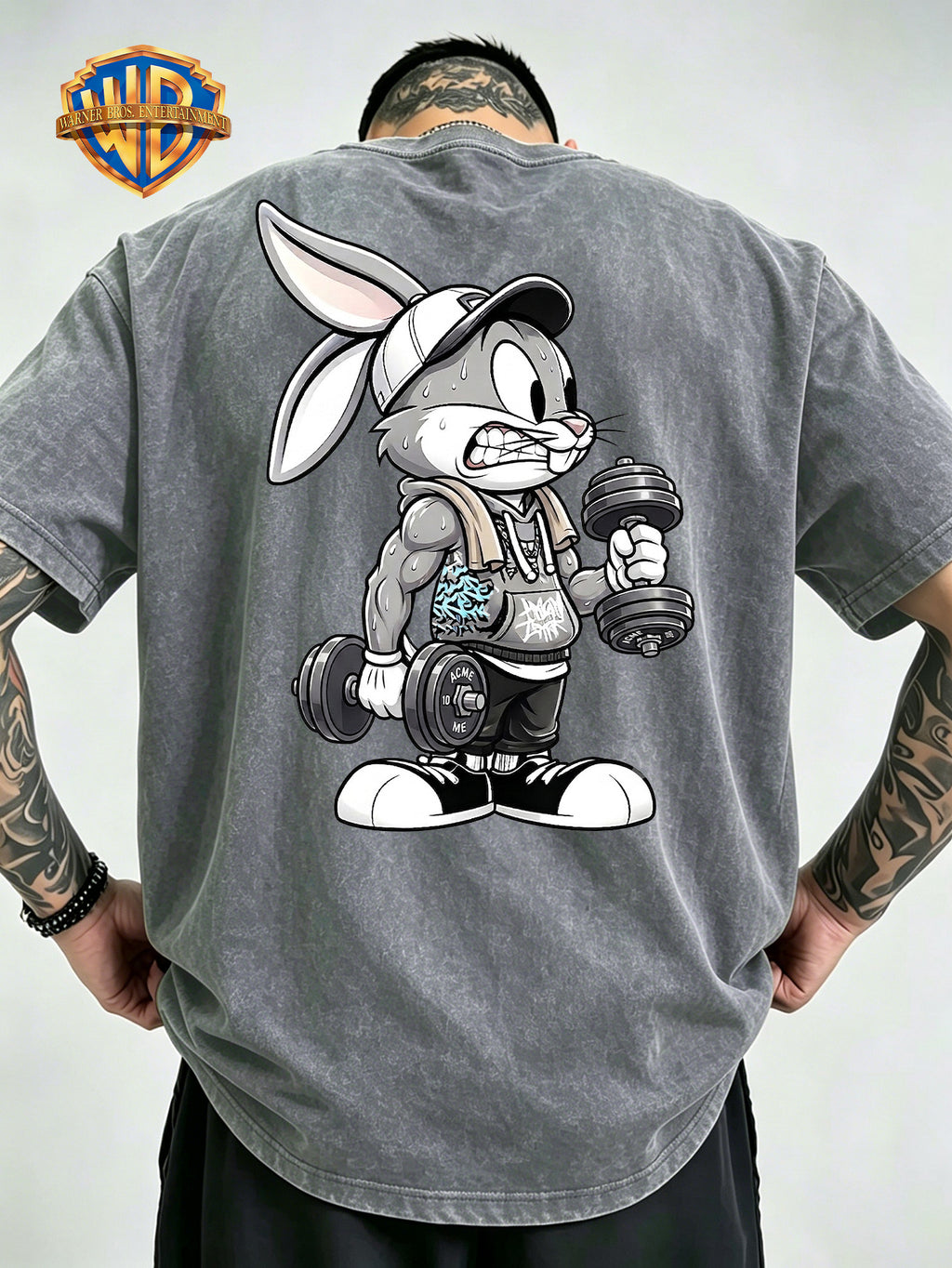 Fitness Weightlifting Rabbit Boggie Front And Back Double Print Washed T-Shirt, Washed Distressed Vintage Short Sleeve Style Le Yitong Anime Casual Top, Men'S 100% Washed Casual Comfortable Style Full Match Loose Summer Short Sleeve T-Shirt - Grey