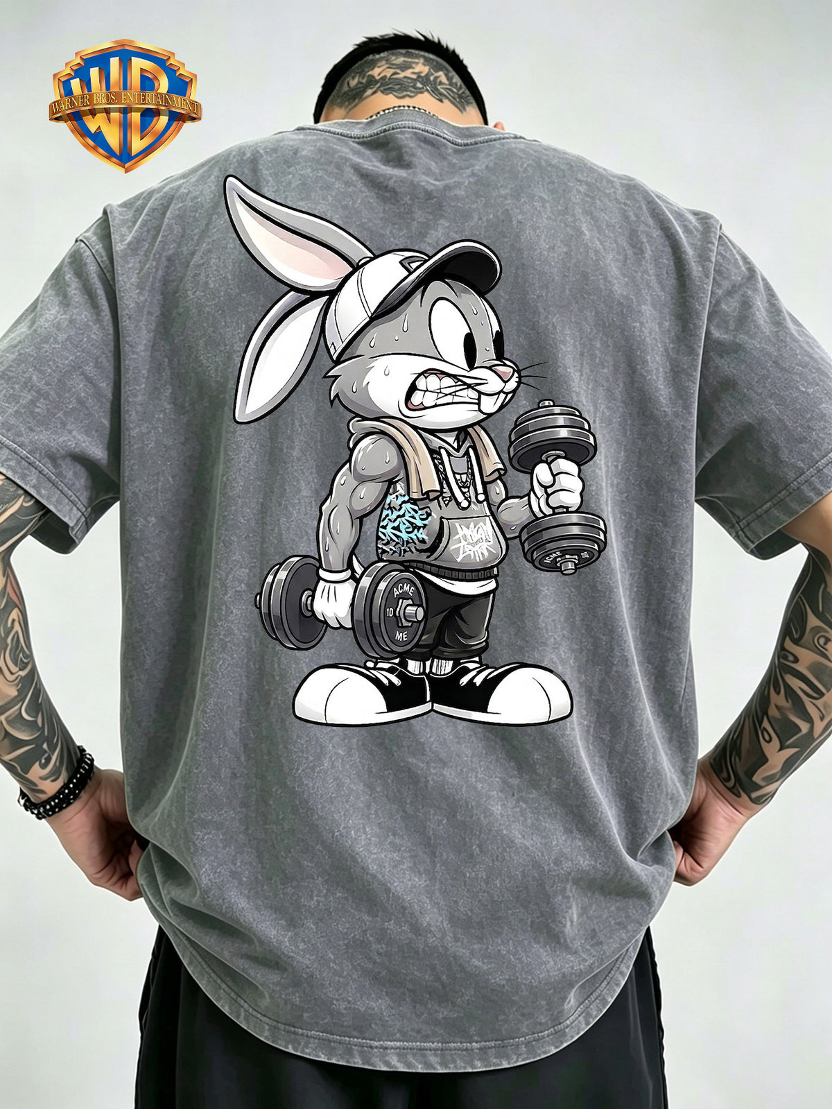 Fitness Weightlifting Rabbit Boggie Front And Back Double Print Washed T-Shirt, Washed Distressed Vintage Short Sleeve Style Le Yitong Anime Casual Top, Men'S 100% Washed Casual Comfortable Style Full Match Loose Summer Short Sleeve T-Shirt - Grey