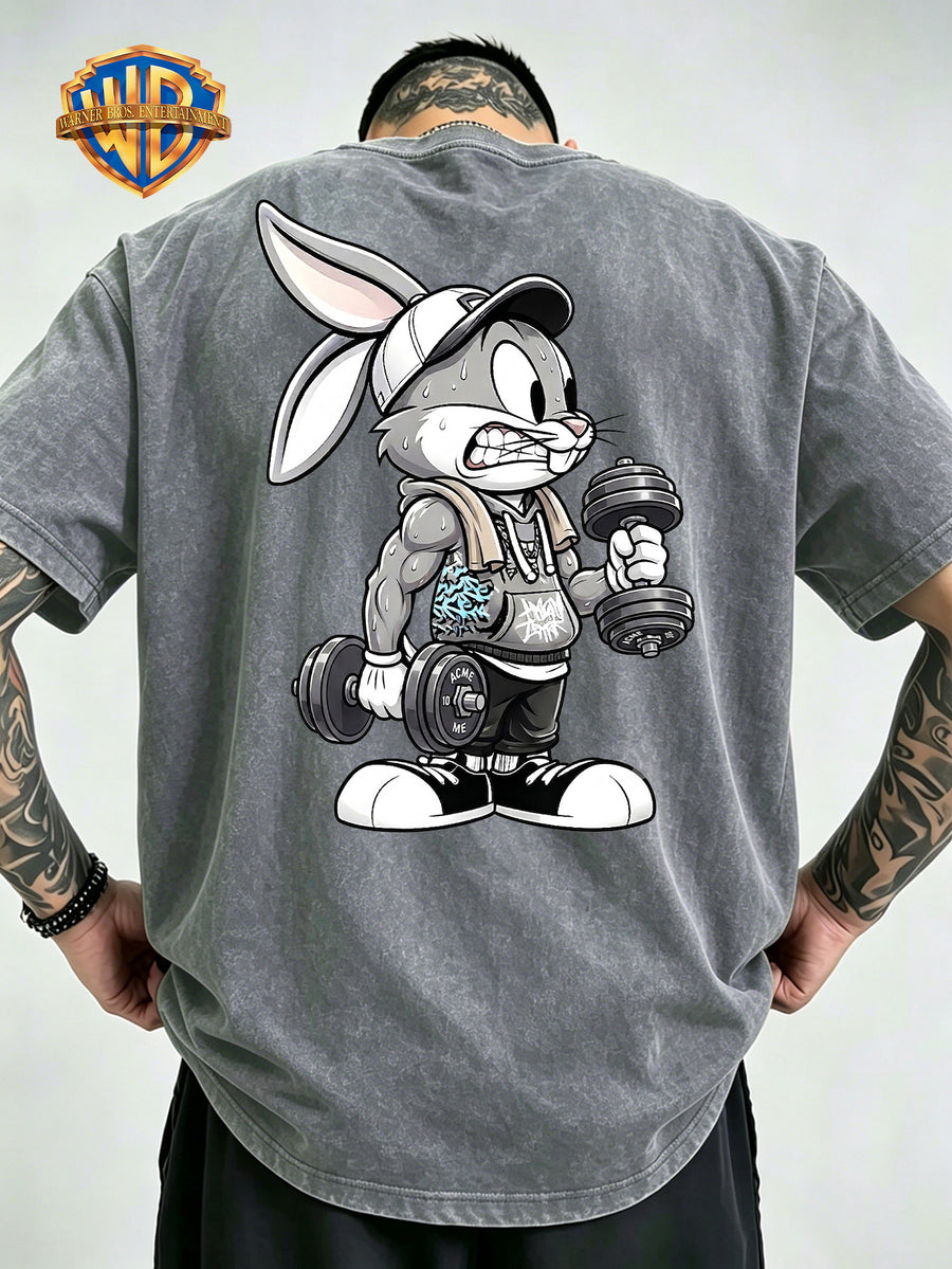 Fitness Weightlifting Rabbit Boggie Front And Back Double Print Washed T-Shirt, Washed Distressed Vintage Short Sleeve Style Le Yitong Anime Casual Top, Men'S 100% Washed Casual Comfortable Style Full Match Loose Summer Short Sleeve T-Shirt - Grey