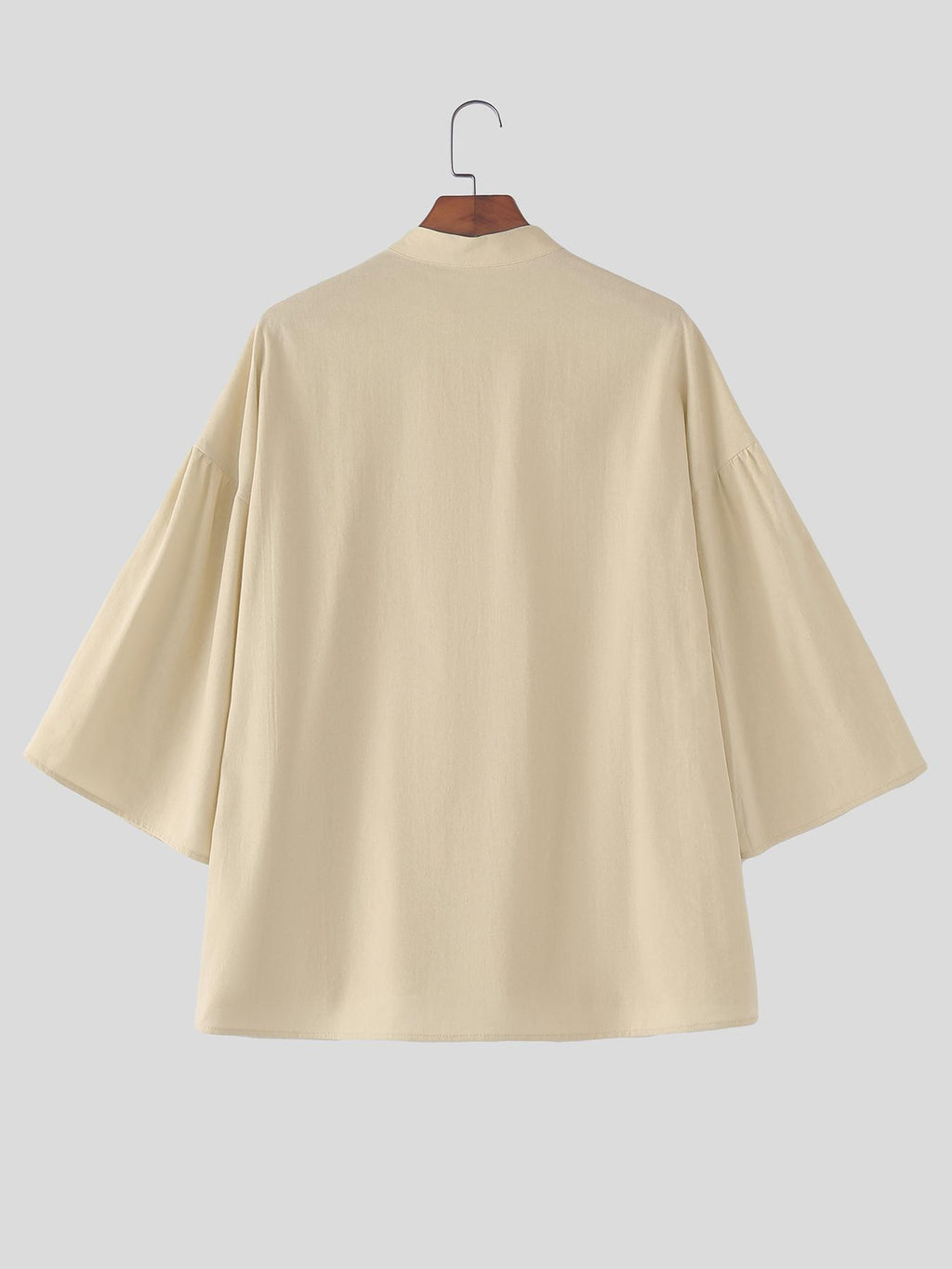 Men Casual Tops Solid 3/4 Sleeve Stand Collar V Neck Solid Loose Fit Outdoor Street Casual Shirt - Khaki