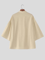 Men Casual Tops Solid 3/4 Sleeve Stand Collar V Neck Solid Loose Fit Outdoor Street Casual Shirt - Khaki