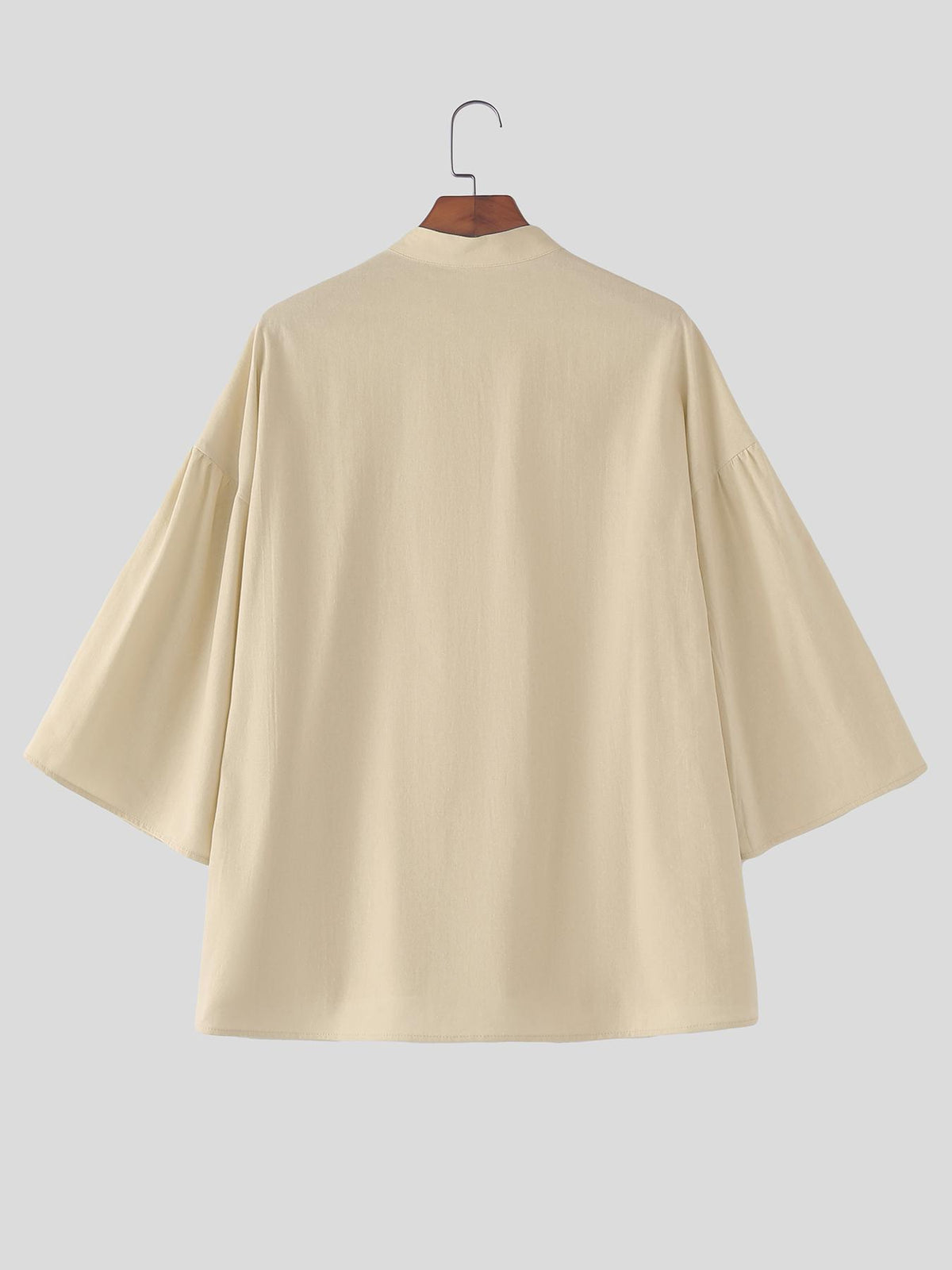 Men Casual Tops Solid 3/4 Sleeve Stand Collar V Neck Solid Loose Fit Outdoor Street Casual Shirt - Khaki