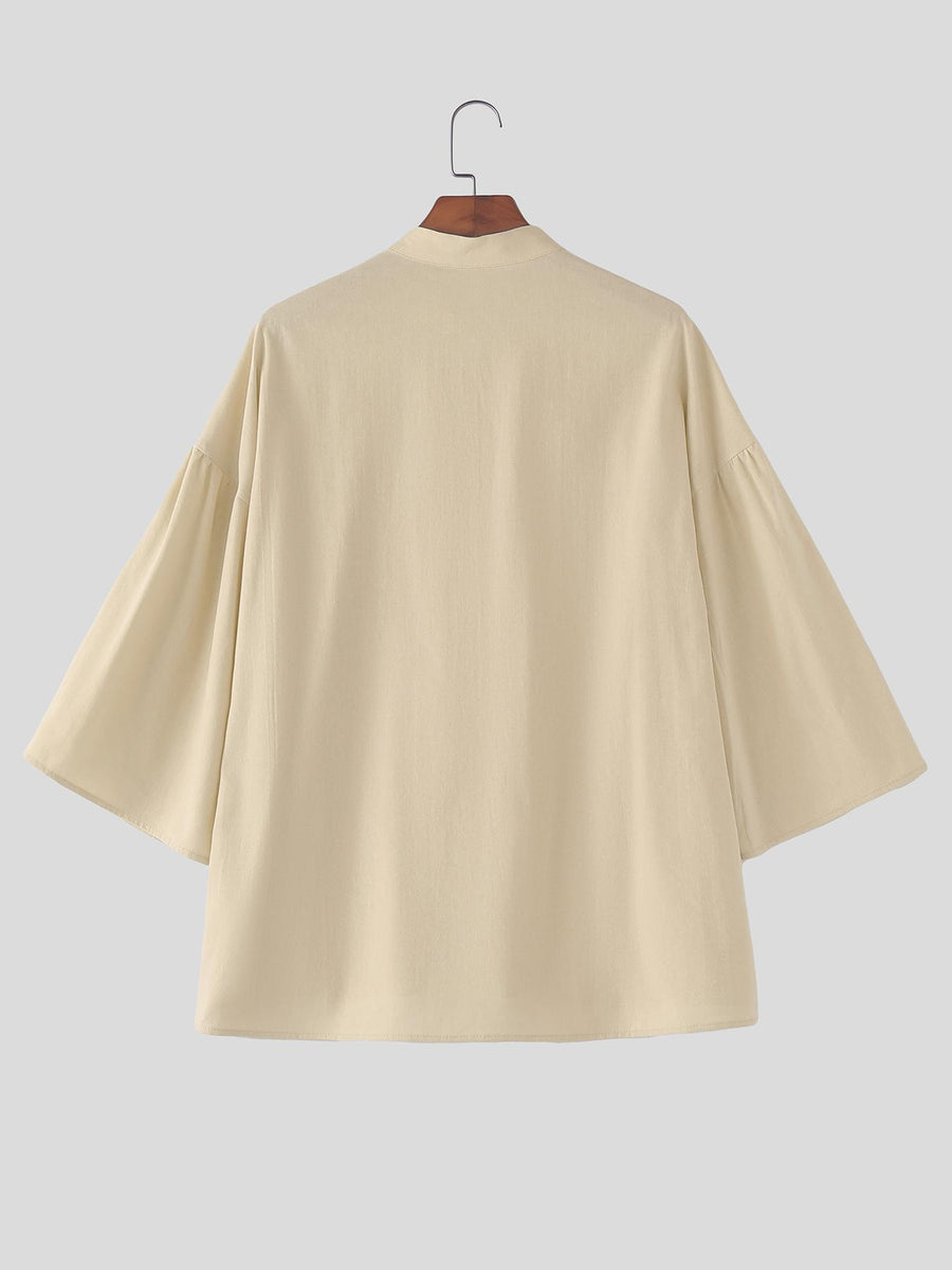 Men Casual Tops Solid 3/4 Sleeve Stand Collar V Neck Solid Loose Fit Outdoor Street Casual Shirt - Khaki