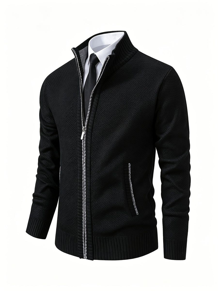 Men's Stand Collar Zip Up Knitted Cardigan Jacket, Casual Business Long Sleeve Sweater Coat with Pockets, Fall Winter Thick Warm Knit Outerwear for Men - Black