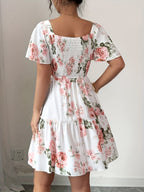 Summer Vacation Floral Print Short Dress with Waist Cinching - Multicolor