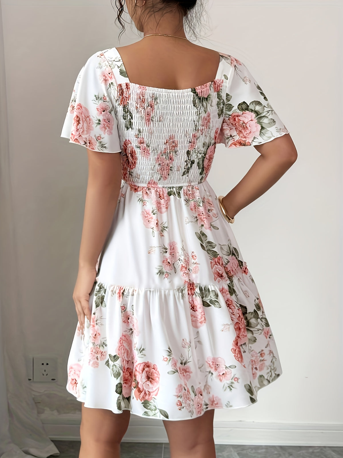 Summer Vacation Floral Print Short Dress with Waist Cinching - Multicolor