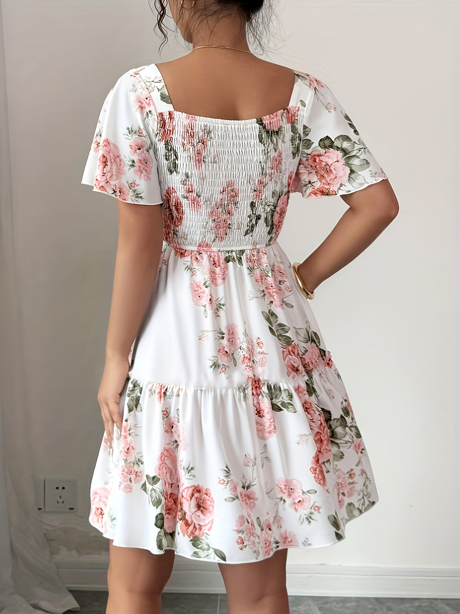 Summer Vacation Floral Print Short Dress with Waist Cinching - Multicolor