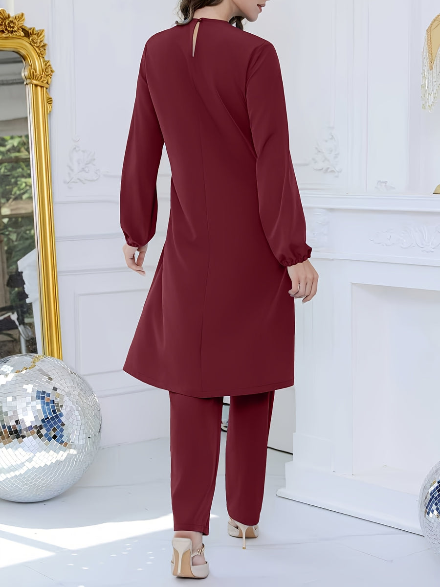 Women'S Sequined Flower Bead Embroidery Rhinestone Decorated Round Neck Long Sleeve Top with Drawstring Adjustable Pants, Elegant Business Fashion Design, Suitable for Festival Party Two-Piece Set - Burgundy