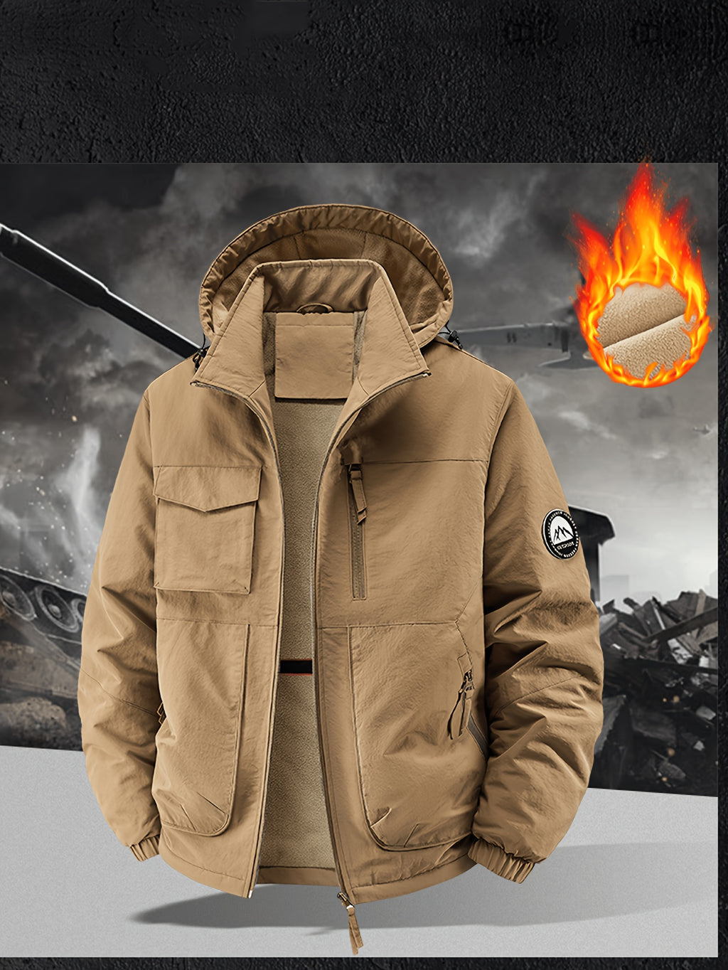 Fleece-Lined Cargo Jacket, Detachable Hood, Multi-Pocket Outerwear, Men'S Outdoor Hiking Commuter, Loose Thickened Plush Lining, Detachable Arm Badge Windproof Warm Functional Jacket - Khaki
