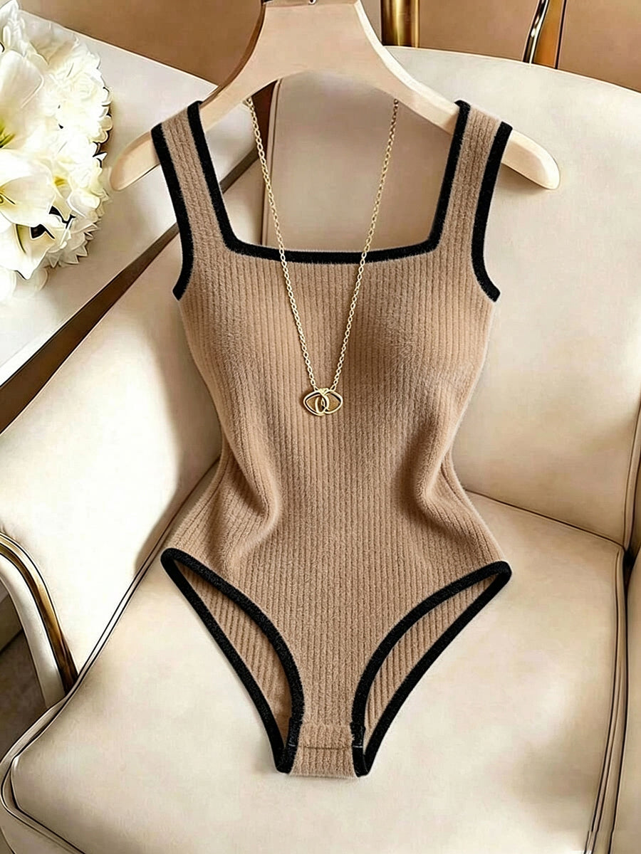 3pcs Women'S Ribbed Bodysuit Set, Fashionable Black Piped Square Neck Waist-Cinching Style, Summer Nightlife Wear, Elegant Beach Vacation Casual Outfit - Coffee + apricot + white