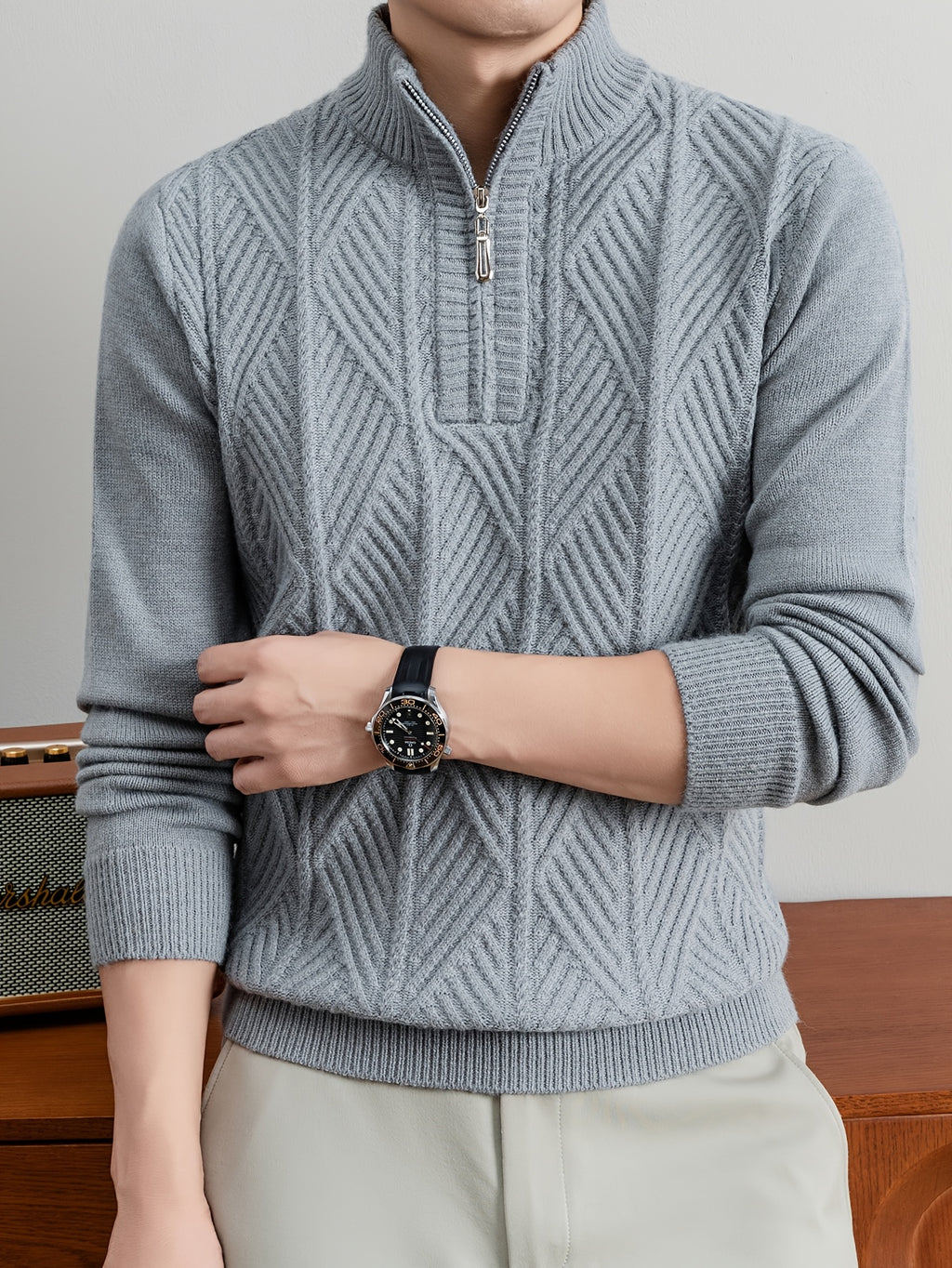 Men's Half-Zip Stand Collar Sweater with Zippered Panel & Striped Jacquard Knit - Warm Winter Pullover, Stretchable Stand Collar Suitable for Casual Office Wear, Layering Top, Hand Washable Regular Fit Blazer Compatible - Smoke Grey
