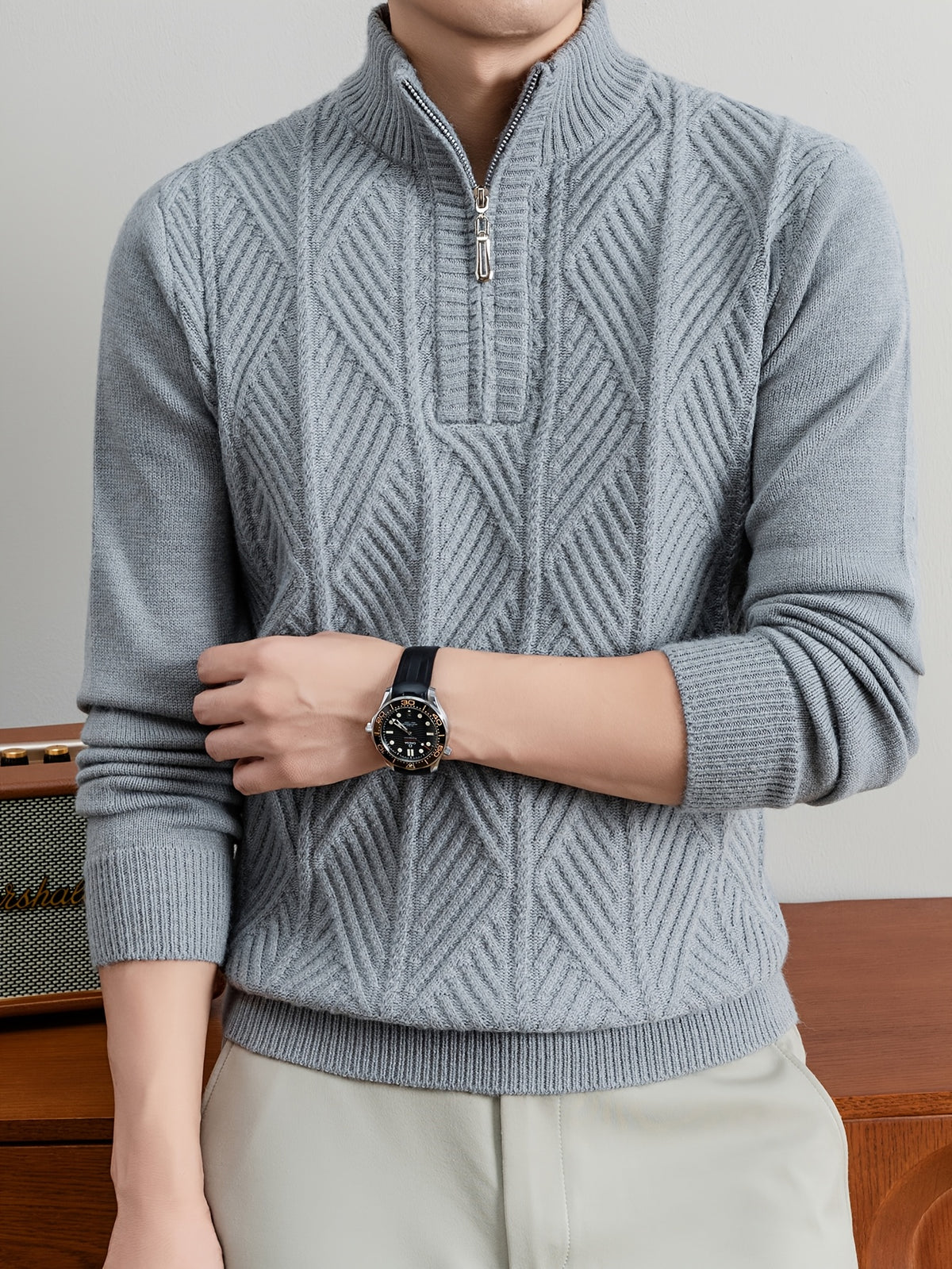 Men's Half-Zip Stand Collar Sweater with Zippered Panel & Striped Jacquard Knit - Warm Winter Pullover, Stretchable Stand Collar Suitable for Casual Office Wear, Layering Top, Hand Washable Regular Fit Blazer Compatible - Smoke Grey