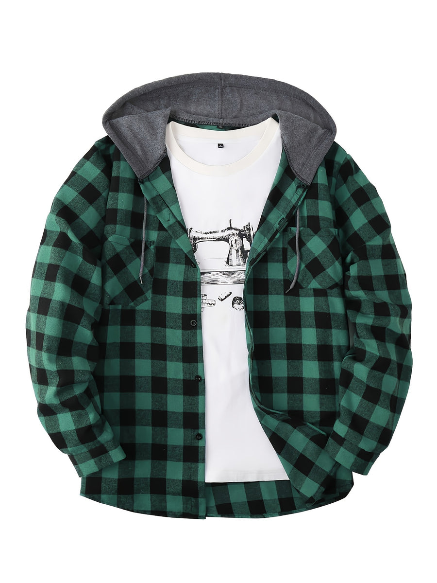 Men's Fashion Hooded Plaid Trendy Shirt Hooded Plaid Sweatshirt, Autumn/Winter Essentials, New Season - Dark Green