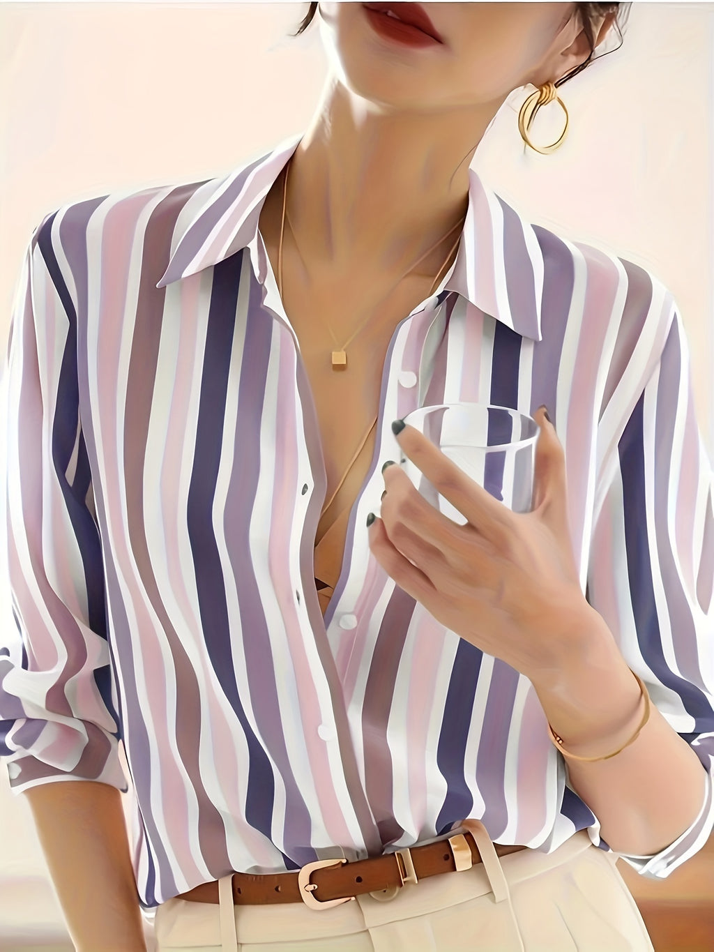 Women'S Casual Striped Shirt, Button-Up Design, Made Of, Suitable for Spring, Summer, And Autumn Casual Or Formal Wear | Classic Lapel Fashion Button-Up, Elegant Women'S Shirt, Beautiful Women'S Shirt, Autumn Women'S Top Trend, Women'S Clothing - Blue