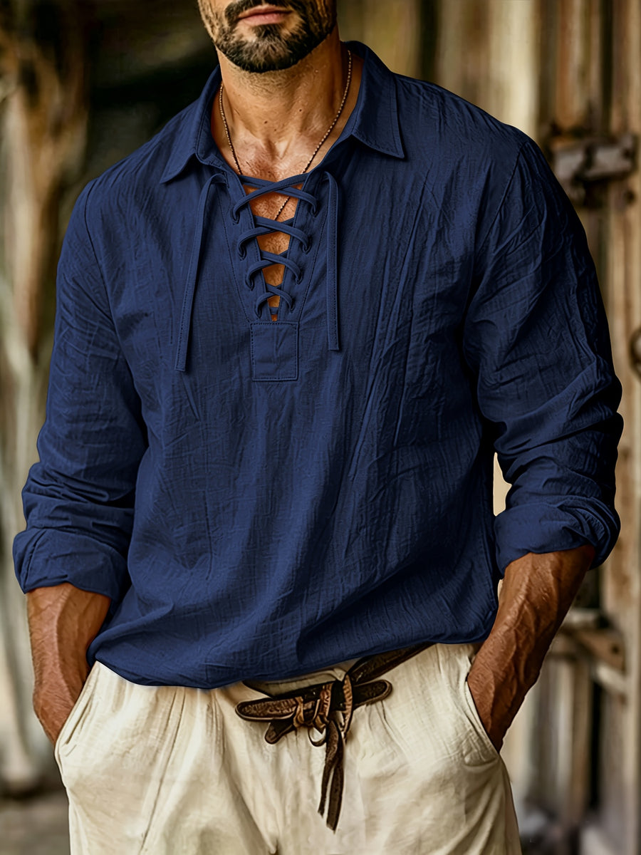 Men's Vintage Lace-Up Lapel Long-Sleeve Linen Shirt Casual Pullover Textured Shirt - Navy Color
