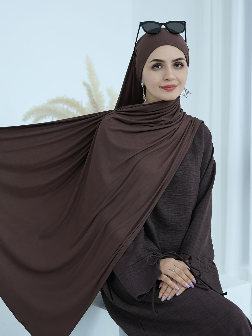 1pc Headless Scarf: Elegant Cuff Drawstring, Comfortable and Casual Solid Color, Suitable for Outdoor Travel and Daily Wear. Loose Women's Abaya Dress. Abayas for Women, Muslim, Women's Long Dresses, Oriental Arabic Robe, Abaya Dress - Coffee Brown