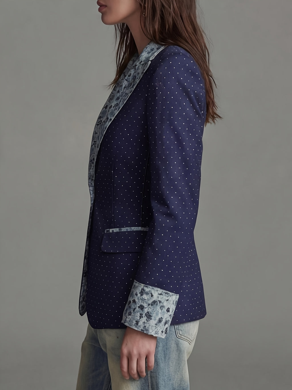 Women'S New Style Temperament Polka Dot Printed Sleeve And Collar Patchwork Floral Fashion Commuter Waist-Cinching Suit Jacket with Lining And Pockets - Deep Blue