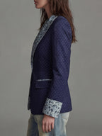 Women'S New Style Temperament Polka Dot Printed Sleeve And Collar Patchwork Floral Fashion Commuter Waist-Cinching Suit Jacket with Lining And Pockets - Deep Blue