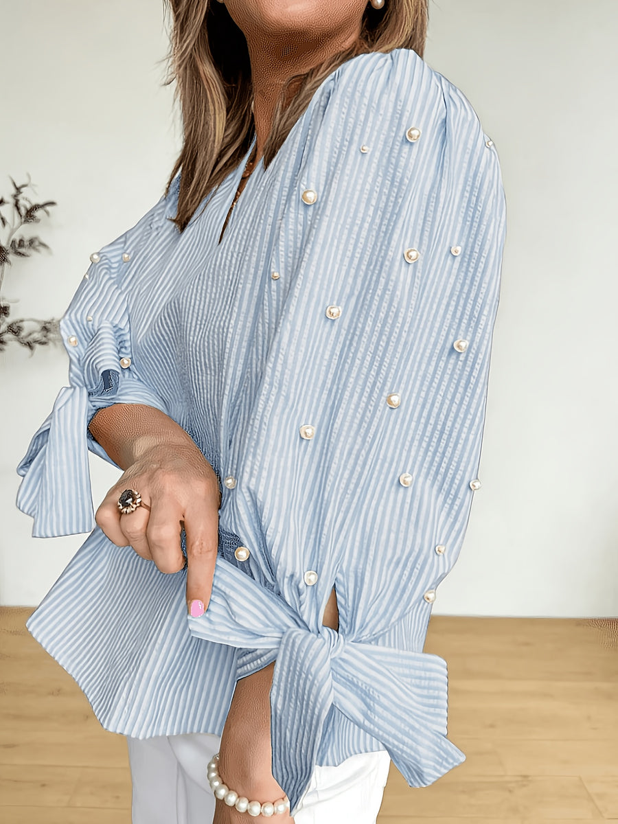 Women's Striped Fabric Top with Faux Pearl Bow, Ruffled Hem, and Tie-Front, Pink, Spring/Summer Style - Light Blue