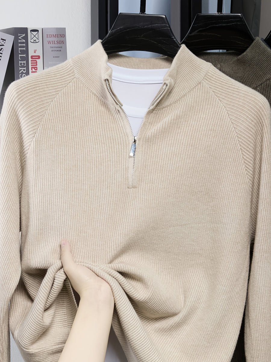 Du Jing Lan OBM Spring/Autumn New Arrival Men's Knitted Pullover, Old Money Style Solid Color Half-Open Placket Stand Collar Long Sleeve Knitted Pullover, Men's Business Casual Fashion Ribbed Sweater, Suitable for Layering or Wearing as an Inner - Beige Color