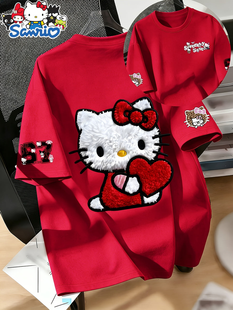 Women'S Round Neck 100% Short Sleeve T-Shirt, Hello Kitty Classic Red Bow Heart Pattern Cartoon Print Design, Casual Comfortable Everyday Versatile Short Sleeve Tee, Women'S Fashion Trendy Spring Summer Fall Casual Short Sleeve Top, Home Party Wear - Red