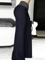Women'S Crossed Waist Straight Leg Pants, Mesh Waistband Design, Solid Color Slightly Elastic Casual Trousers Suitable for Travel And Dates - Navy Color