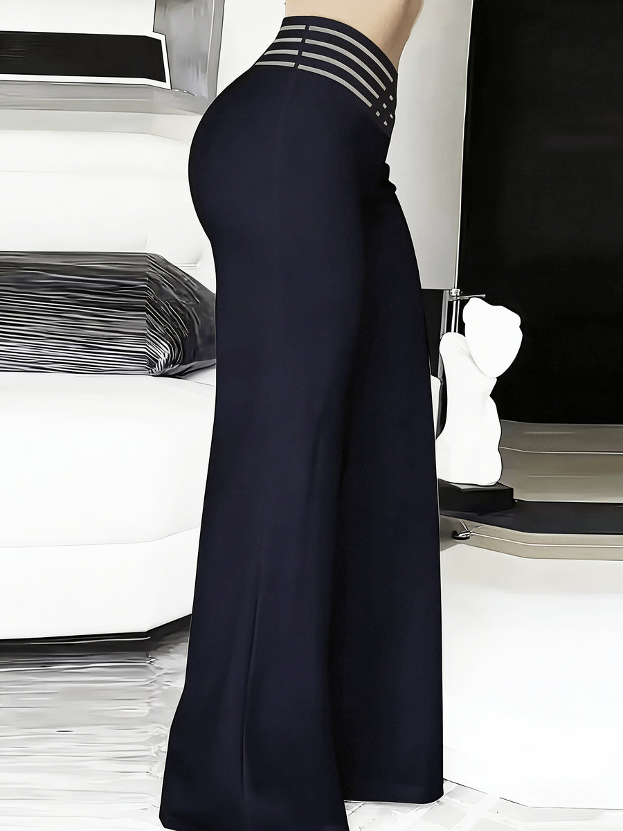 Women'S Crossed Waist Straight Leg Pants, Mesh Waistband Design, Solid Color Slightly Elastic Casual Trousers Suitable for Travel And Dates - Navy Color