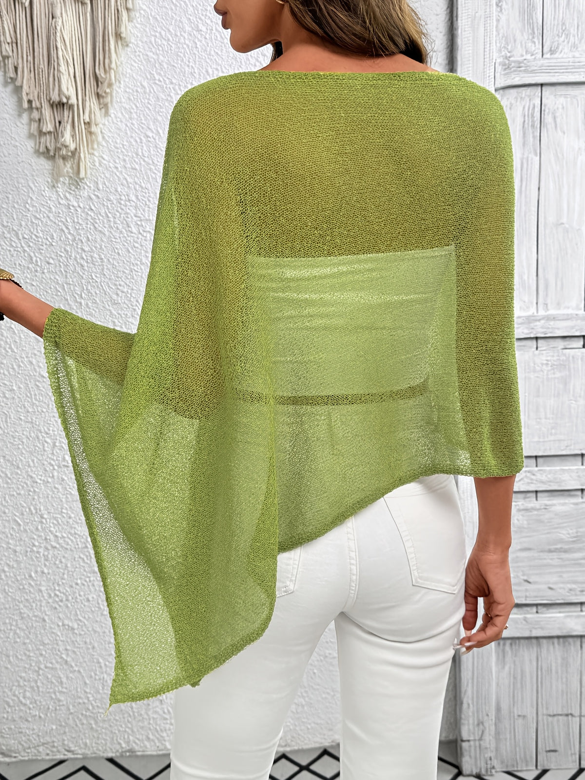 Solid Color Asymmetrical Design Cape-Style Casual Large Round Neck Women's Top - Green