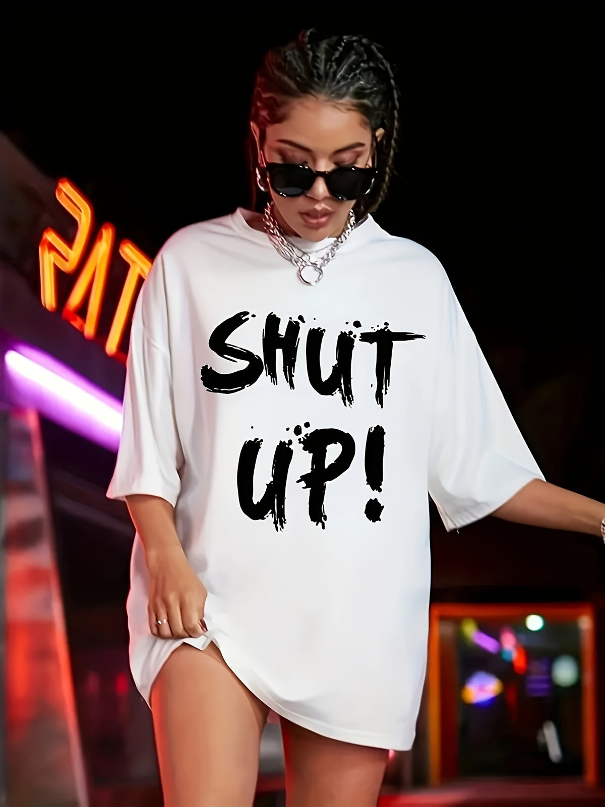 Women'S Casual Crew Neck T-Shirt, "Shut Up" Print, Short Sleeve, Polyester 100%, Medium Stretch, Spring/Summer Knit Fabric Top, 180g/m², Regular Length - White
