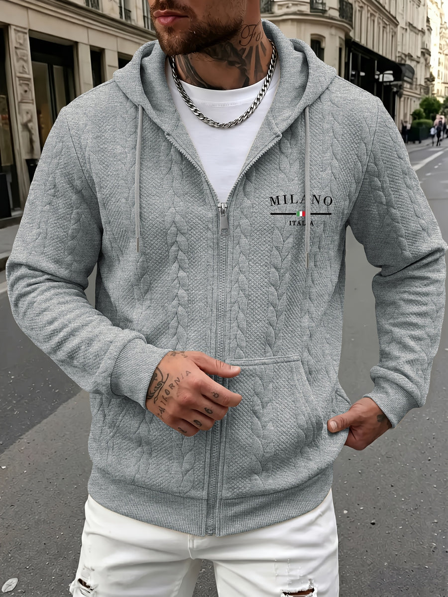 Autumn Winter Men'S Thick Jacquard Long Sleeve Cardigan Hoodie, Comfortable Warm Fabric with Trendy Print, Suitable for Daily Outings, Outdoor Sports, Travel, And Vacation, Lightweight Comfortable Regular Fit, Ideal for Beach, Hiking, Evening Wear - Light Grey