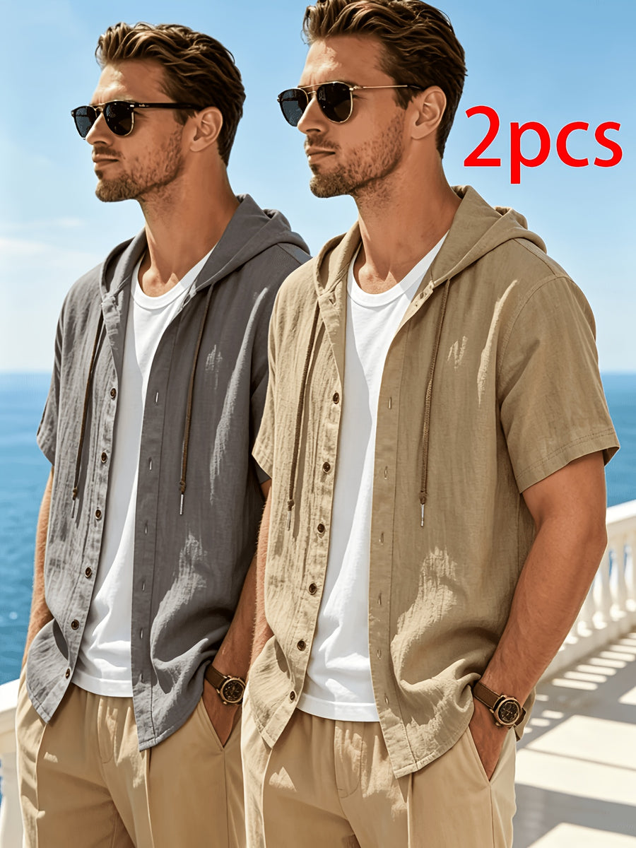 Men's 2pcs Short-Sleeve Hoodie Shirt, Regular Fit, Lightweight Open Cardigan, Vacation Casual Top - Light Grey+Khaki