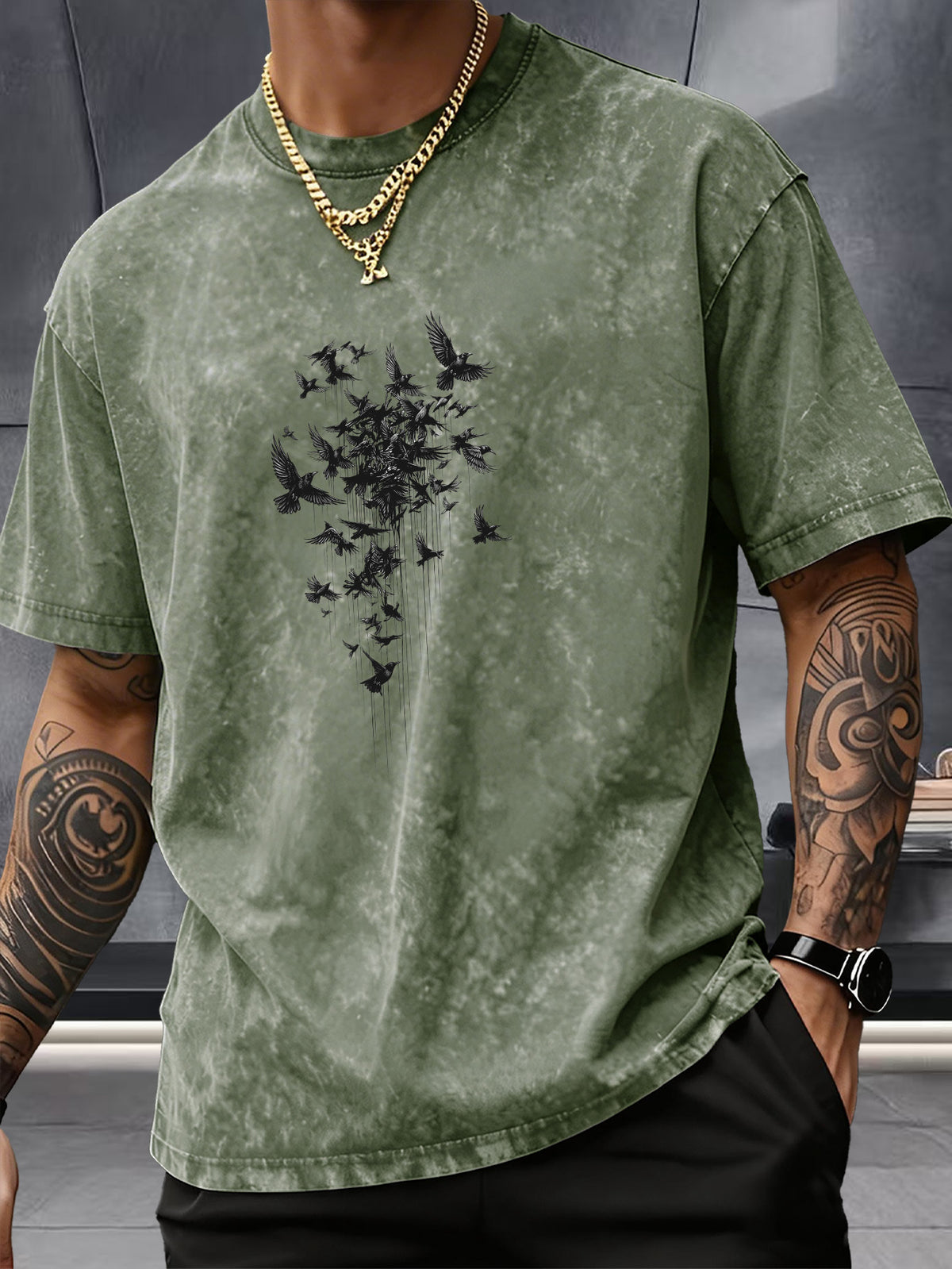 Short Sleeve Top, Pure Washed Distressed Loose Short Sleeve, Raven Flying Bird Front And Back Trendy Print Casual Match, American Street High Street Hip-Hop Couple Style, Daily Outing Commute Sports Fitness Street Style Y2K National Trend T-Shirt - Military Green
