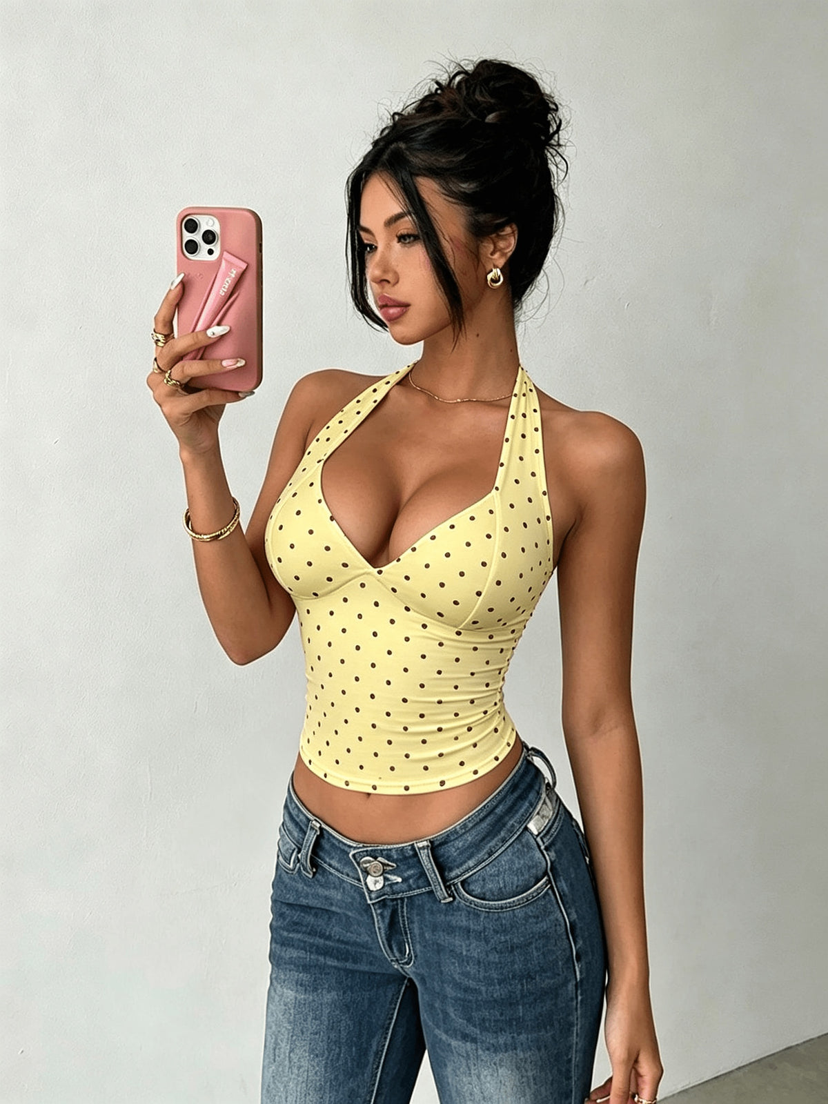 Women's Polka Dot Backless Slim-Fit Casual Camisole Top - Yellow