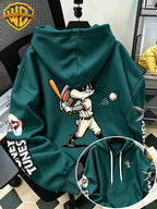 Warner Bros Men's New Trendy Hoodie with Baseball Sports Batting Cartoon Character Print, Casual Hooded Sweatshirt, Daily Drawstring Loose Pullover Top, Machine Washable Versatile Sporty Casual Men's Top - Green