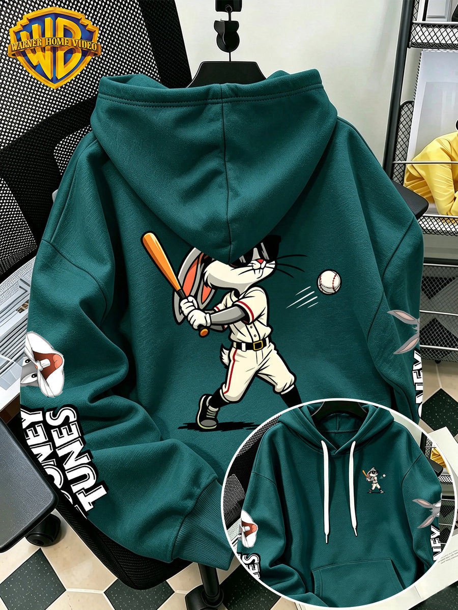 Warner Bros Men's New Trendy Hoodie with Baseball Sports Batting Cartoon Character Print, Casual Hooded Sweatshirt, Daily Drawstring Loose Pullover Top, Machine Washable Versatile Sporty Casual Men's Top - Green