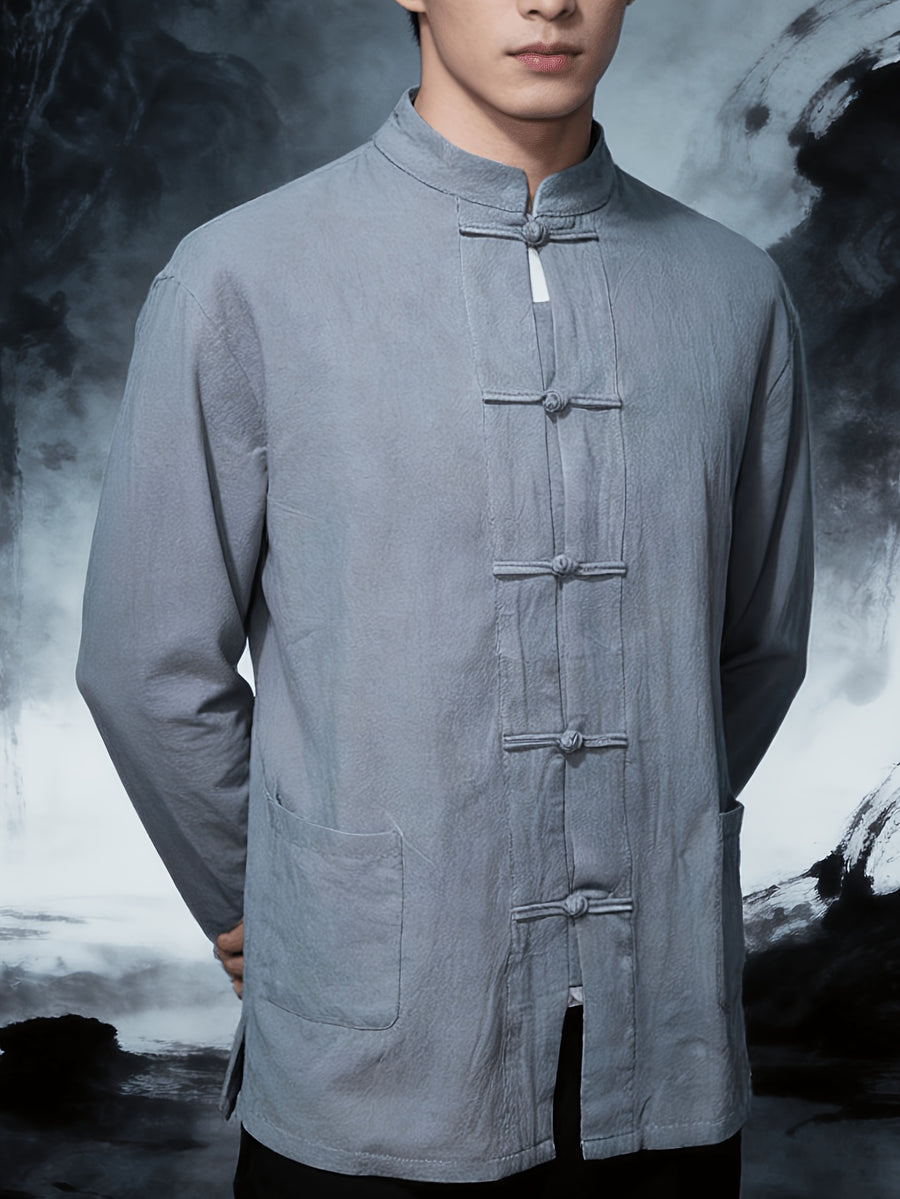 New Chinese Style Men'S Long Sleeve Shirt - And Linen Ethnic Characteristic Practice Clothes - Zen Retro Tang Style Thin Jacket (Solely Includes One Jacket) - Lead Color