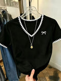 XXFL Directional Style Summer Regular Shoulder V-Neck Color-Block Fashion Versatile Short-Sleeve Top T-Shirt - Black