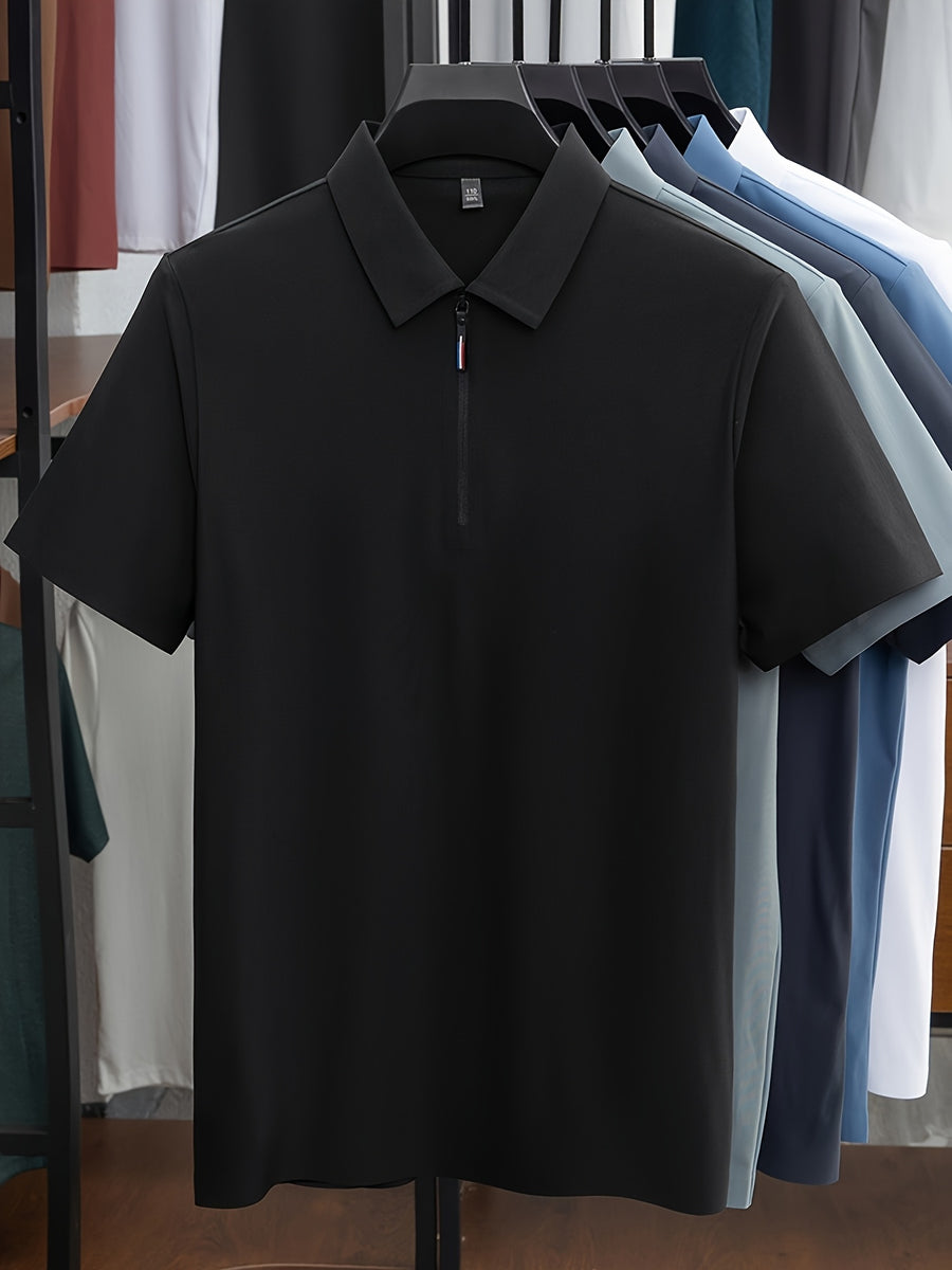 Men's Summer Short-Sleeve Half-Zip Lapel Polo Shirt - Solid Color T-Shirt Suitable for Casual & -Casual Wear, Breathable Half-Zip Collar, Short Sleeve Lapel Collar, Hand Washable Solid Color Polo Tee for Office or Everyday Outfits - Black