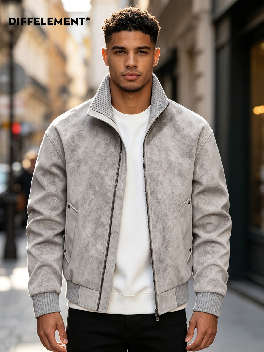 Men's Stand Collar Jacket, Windproof, Warm, Versatile, and Wear-Resistant, with Textured Finish and Precision Stitching. Loose-Fit Short Baseball Jacket Style for Daily Commuting, Streetwear, and Autumn/Winter Casual Wear. Features Ribbed Cuffs - White