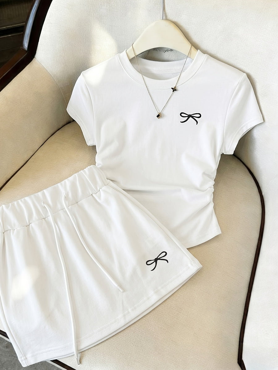 New Summer Bowknot Casual 2pcs Set for Women, Slim-Fit Short Sleeve T-Shirt + Drawstring Mini Skirt, Sweet and Spicy Style, and Versatile Swear Set - White