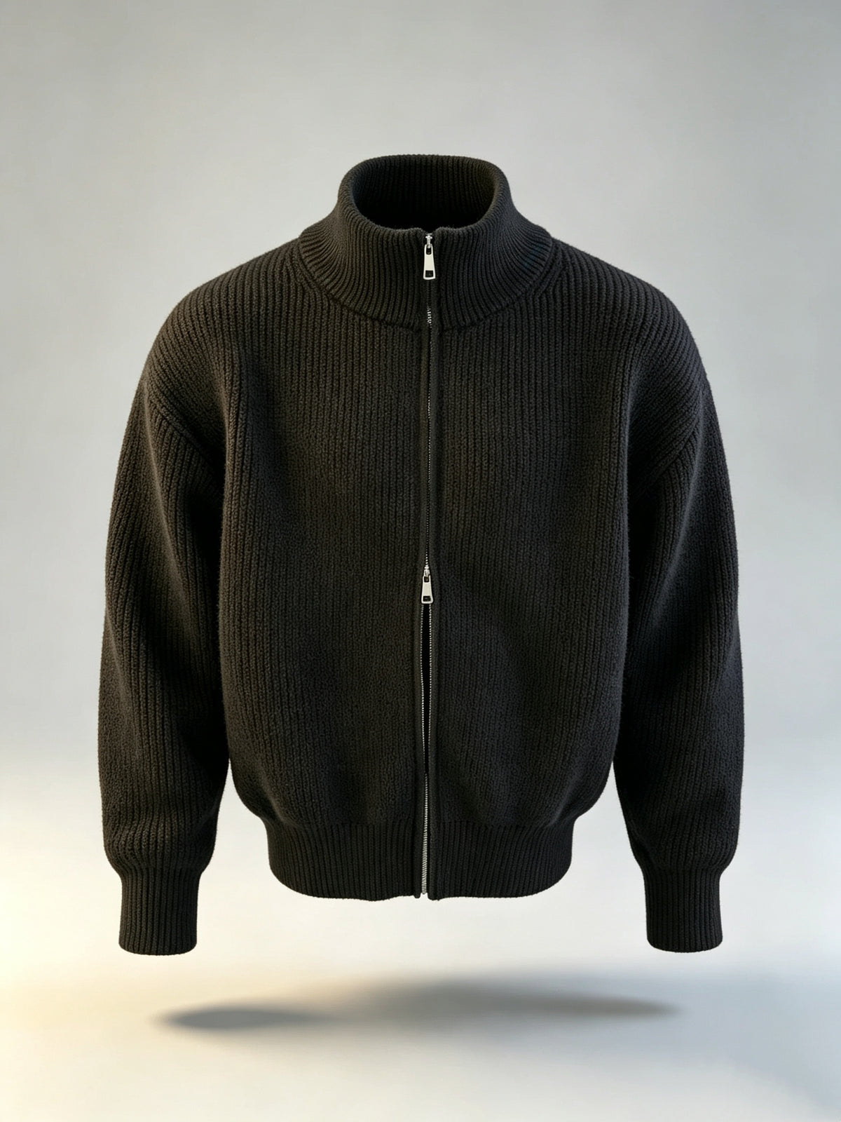 Zip-Up Stand Collar Knit Cardigan, Casual Thick Ribbed Knitwear Jacket, Men's Fashion Winter Clothes for Men - Black