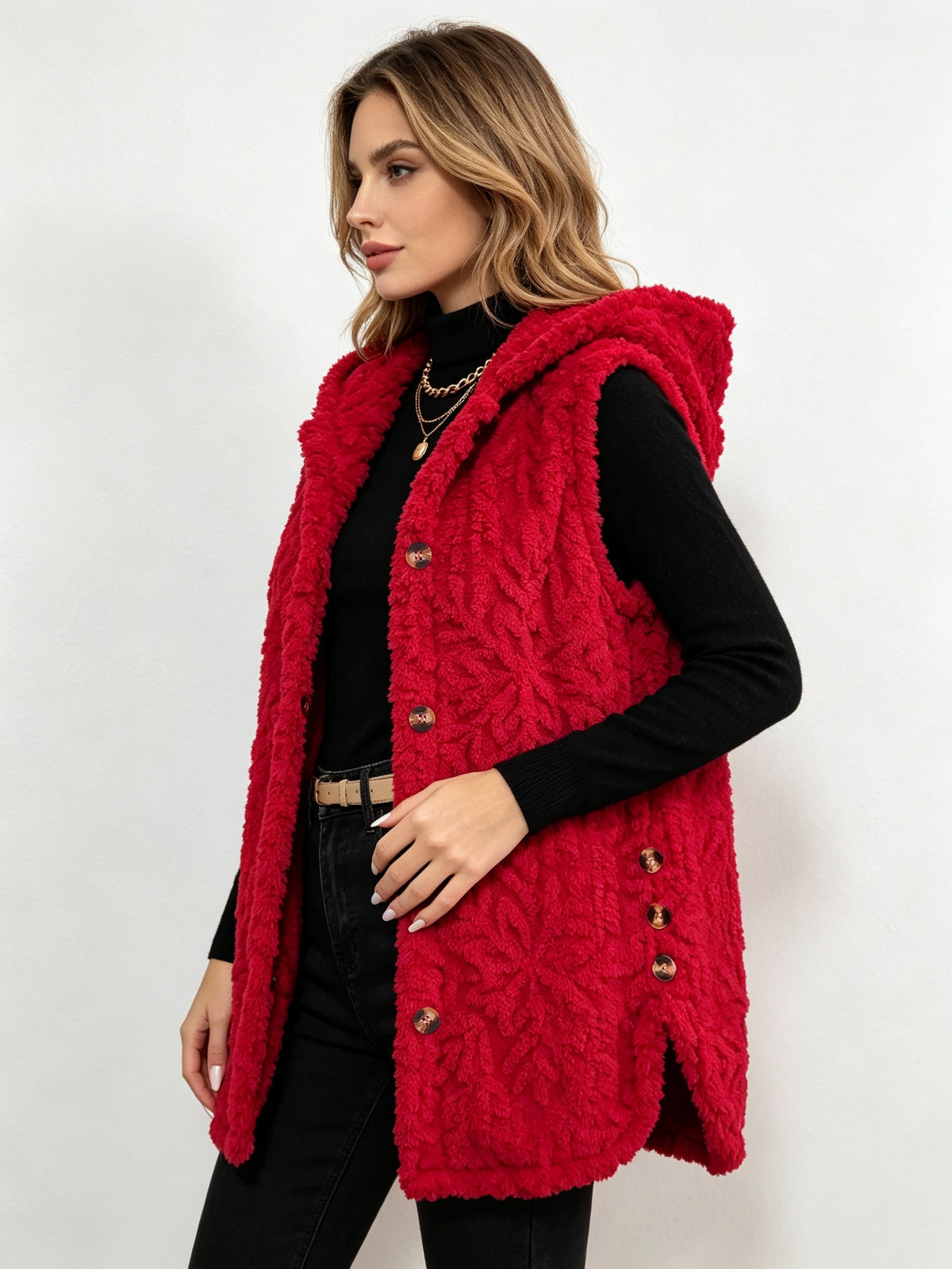 Women'S Adult Winter Casual Daily Jacquard Diamond Double-Faced Fleece Warm Fleece Pullover Vest Jacket - Brick Red