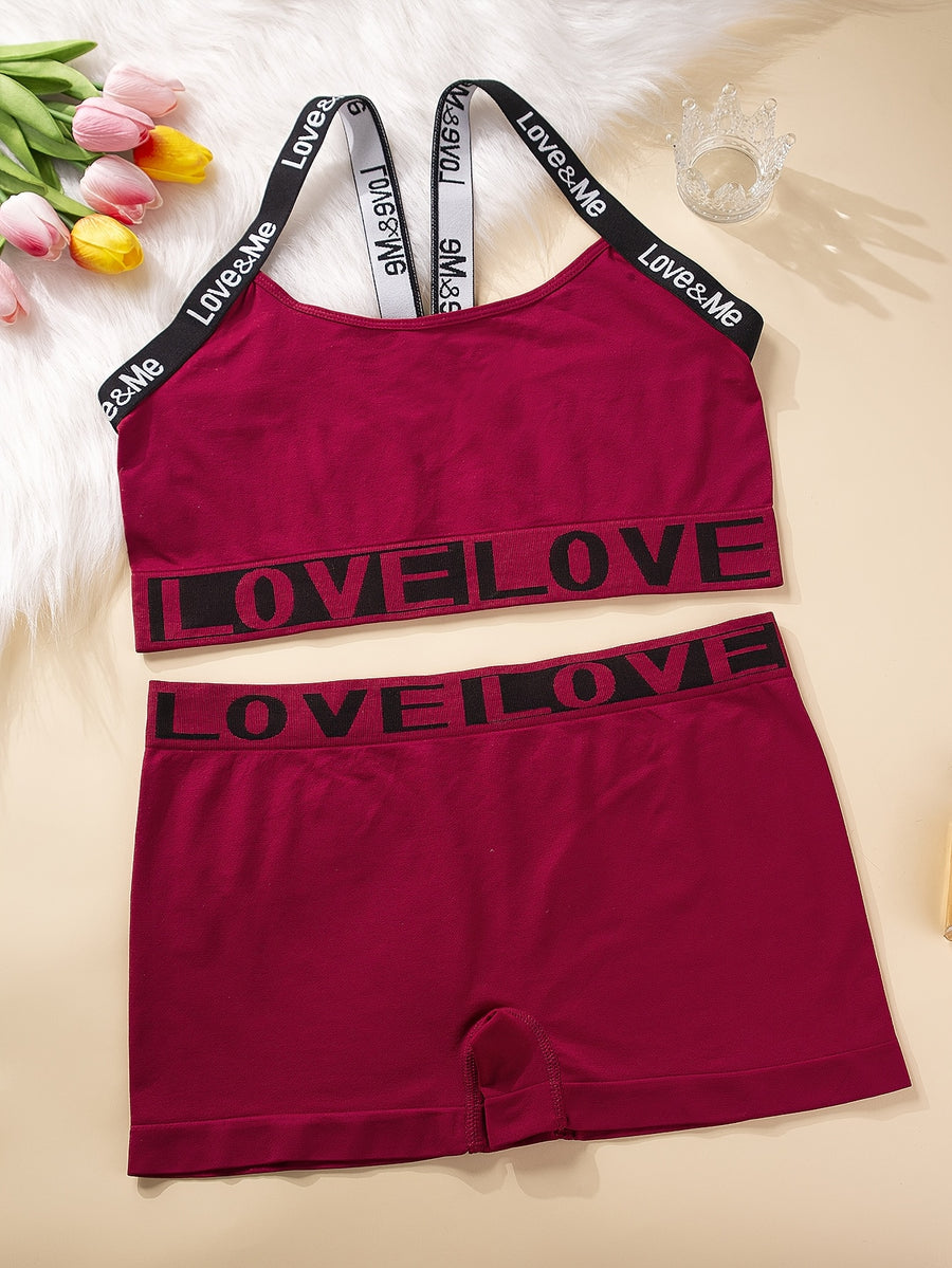 1 Set Plus Size Smooth Women'S English LOVE Panty And Bra Set Seamless Casual Mid-Waist Tummy Control Safety Shorts Four-Corner Pants Underwear Sexy Solid Soft Comfortable Butt Lifting Anti-Exposure Suitable for Daily Casual Leggings Breathable - Burgundy