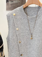New Fashion Women'S Fresh Solid Color Short Round Neck Asymmetrical Button Accessory Design Fashion Sleeveless Beautiful Sweater Vest, Multi-Functional Vest, Suitable for Daily Commute, Home Comfort, Summer Nights, Parties And Gatherings - Grey