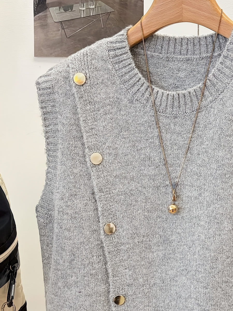 New Fashion Women'S Fresh Solid Color Short Round Neck Asymmetrical Button Accessory Design Fashion Sleeveless Beautiful Sweater Vest, Multi-Functional Vest, Suitable for Daily Commute, Home Comfort, Summer Nights, Parties And Gatherings - Grey